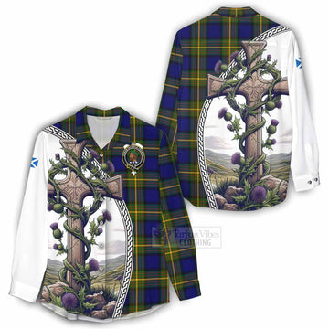 Muir Tartan Women's Casual Shirt with Family Crest and St. Andrew's Cross Accented by Thistle Vines