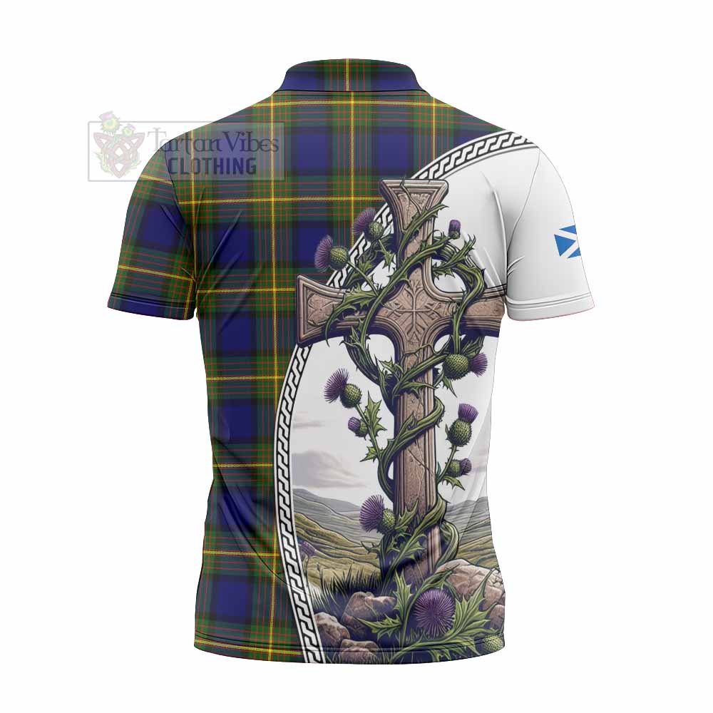 Tartan Vibes Clothing Muir Tartan Zipper Polo Shirt with Family Crest and St. Andrew's Cross Accented by Thistle Vines