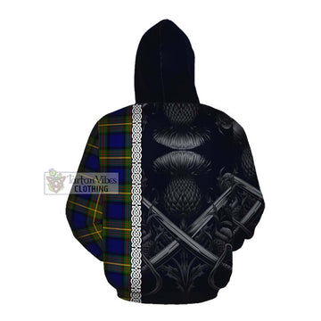 Muir Tartan Cotton Hoodie with Family Crest Cross Sword Thistle Celtic Vibes