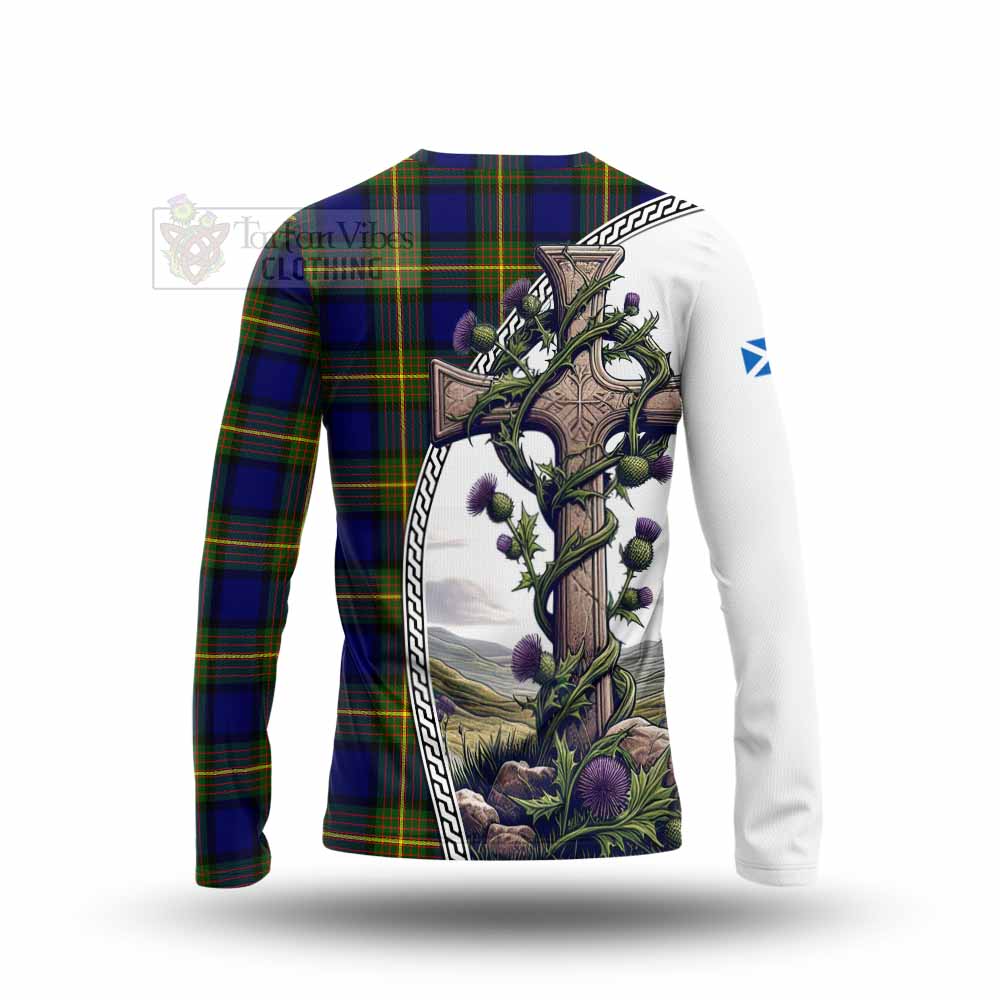 Tartan Vibes Clothing Muir Tartan Long Sleeve T-Shirt with Family Crest and St. Andrew's Cross Accented by Thistle Vines