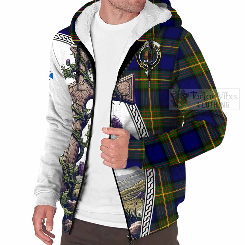 Tartan Vibes Clothing Muir Tartan Sherpa Hoodie with Family Crest and St. Andrew's Cross Accented by Thistle Vines