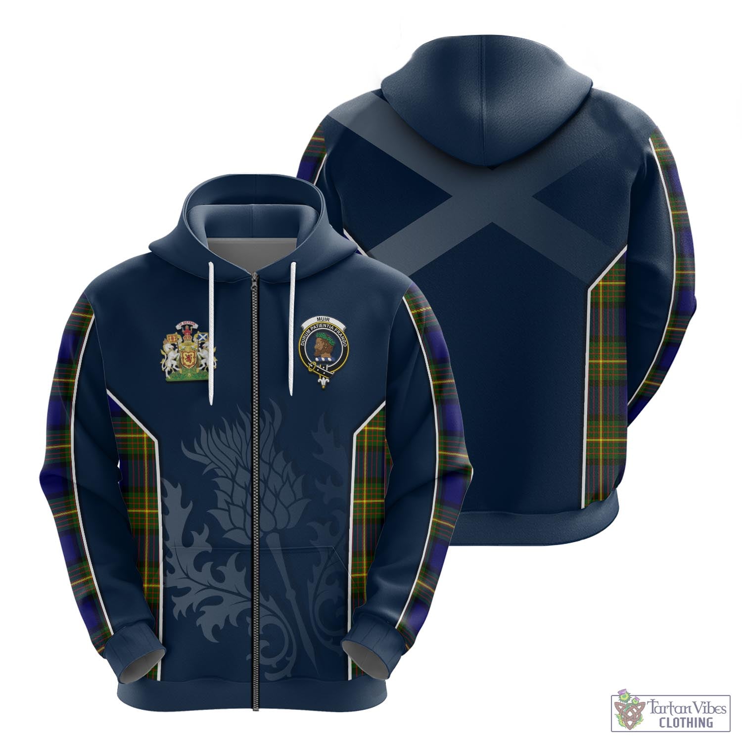 Tartan Vibes Clothing Muir Tartan Hoodie with Family Crest and Scottish Thistle Vibes Sport Style