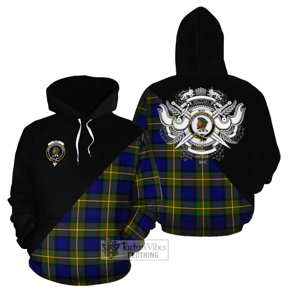 Tartan Vibes Clothing Muir Tartan Cotton Hoodie with Family Crest and Military Logo Style