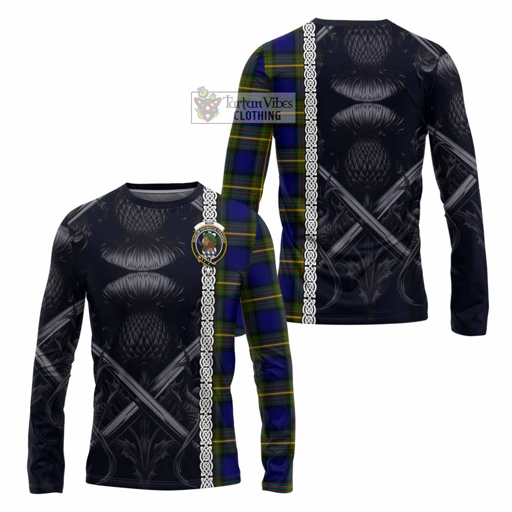 Tartan Vibes Clothing Muir Tartan Long Sleeve T-Shirt with Family Crest Cross Sword Thistle Celtic Vibes