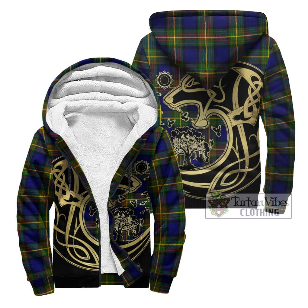 Muir Tartan Sherpa Hoodie with Family Crest Celtic Wolf Style Unisex - Tartan Vibes Clothing