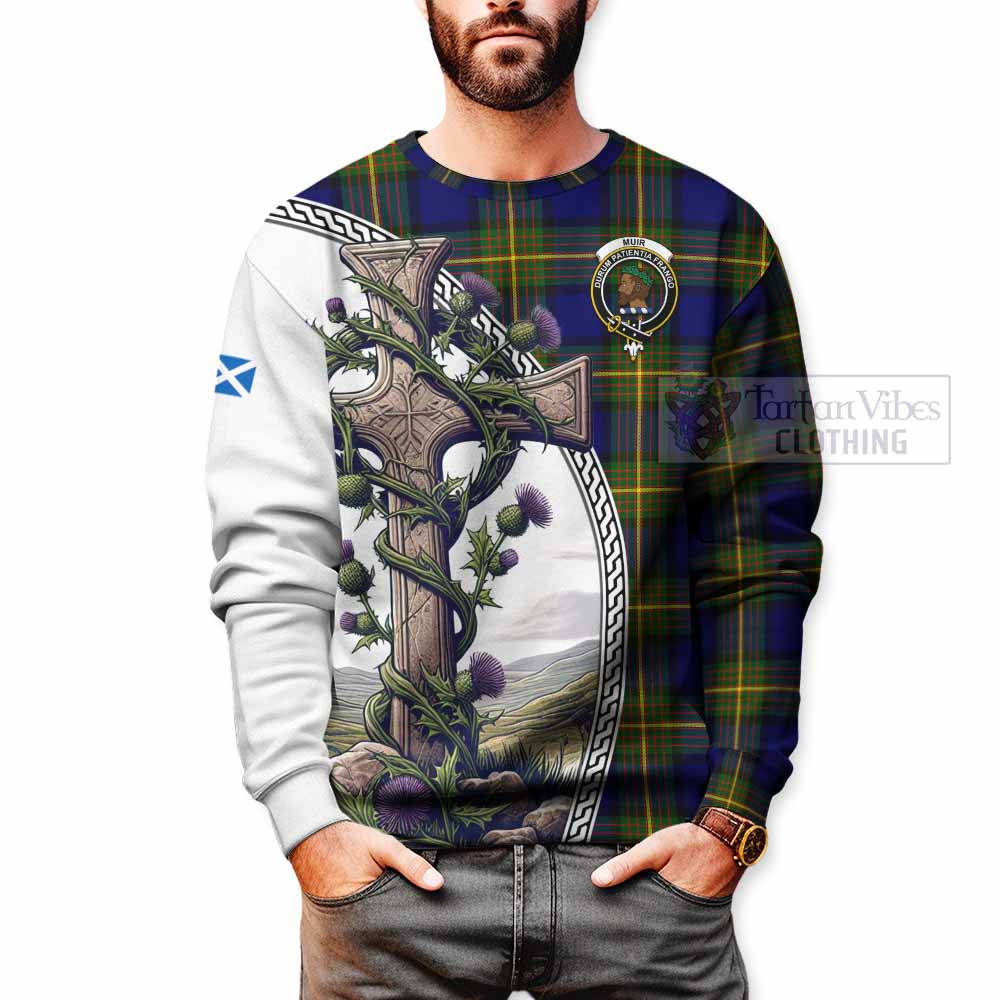 Tartan Vibes Clothing Muir Tartan Sweatshirt with Family Crest and St. Andrew's Cross Accented by Thistle Vines