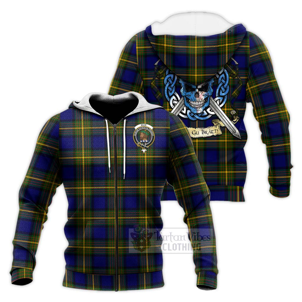 Tartan Vibes Clothing Muir Tartan Knitted Hoodie with Family Crest Celtic Skull Style