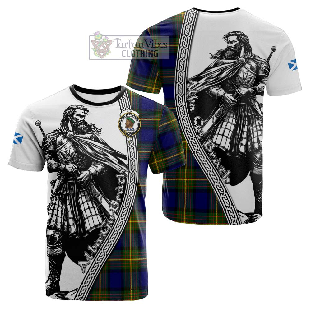 Muir Tartan Clan Crest Cotton T-shirt with Highlander Warrior Celtic Style