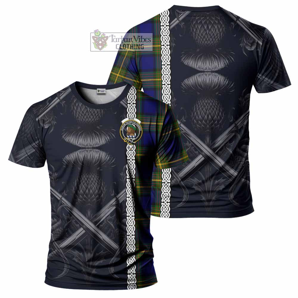 Tartan Vibes Clothing Muir Tartan T-Shirt with Family Crest Cross Sword Thistle Celtic Vibes