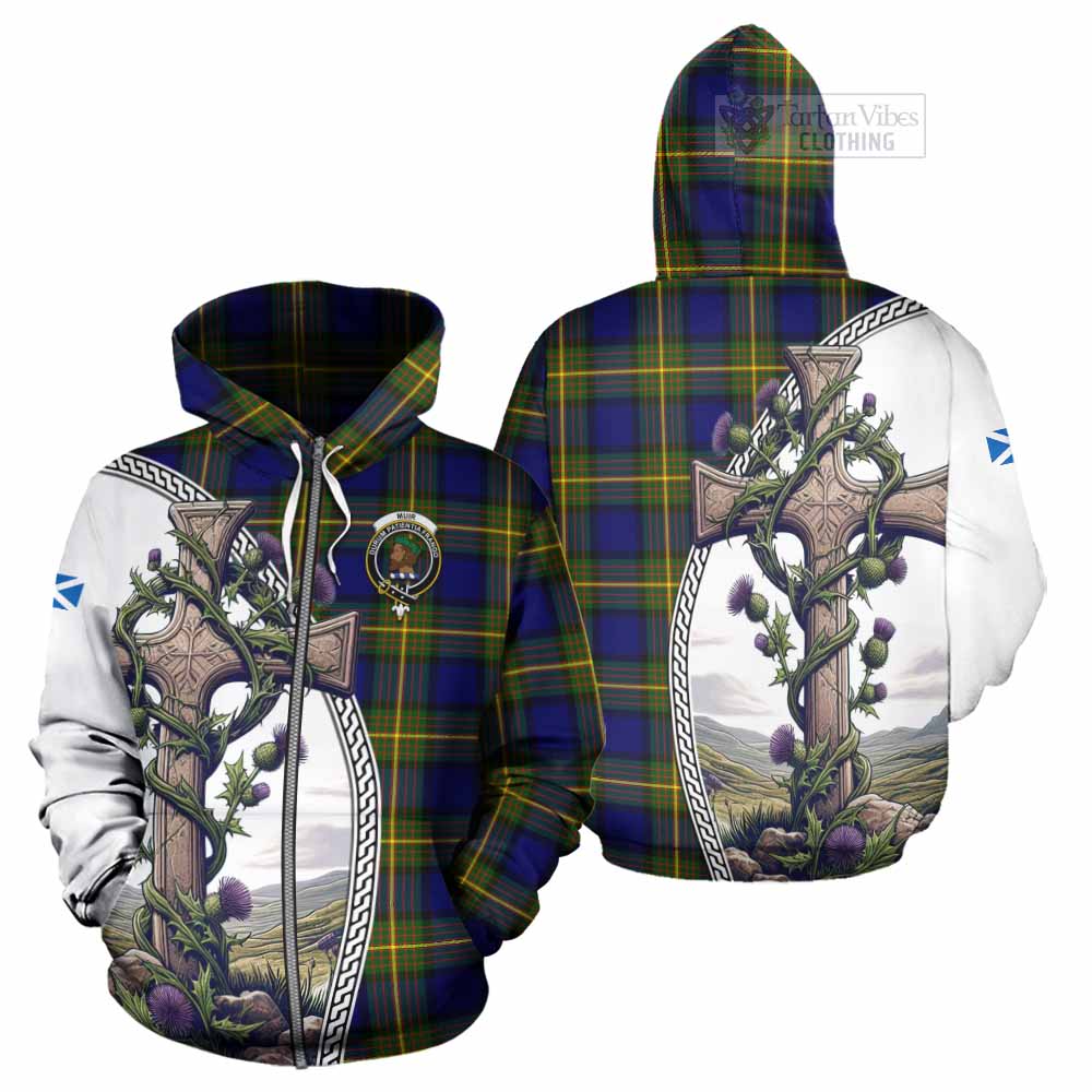 Tartan Vibes Clothing Muir Tartan Hoodie with Family Crest and St. Andrew's Cross Accented by Thistle Vines