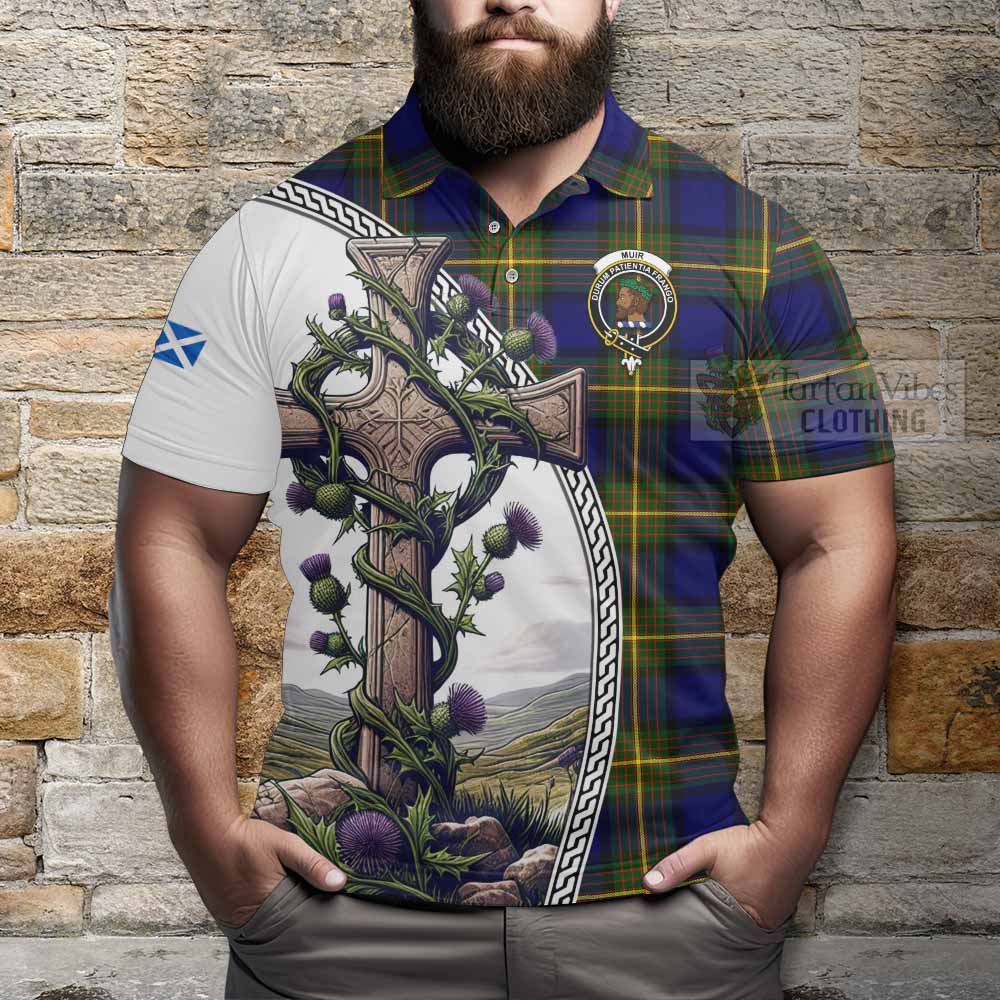 Tartan Vibes Clothing Muir Tartan Polo Shirt with Family Crest and St. Andrew's Cross Accented by Thistle Vines