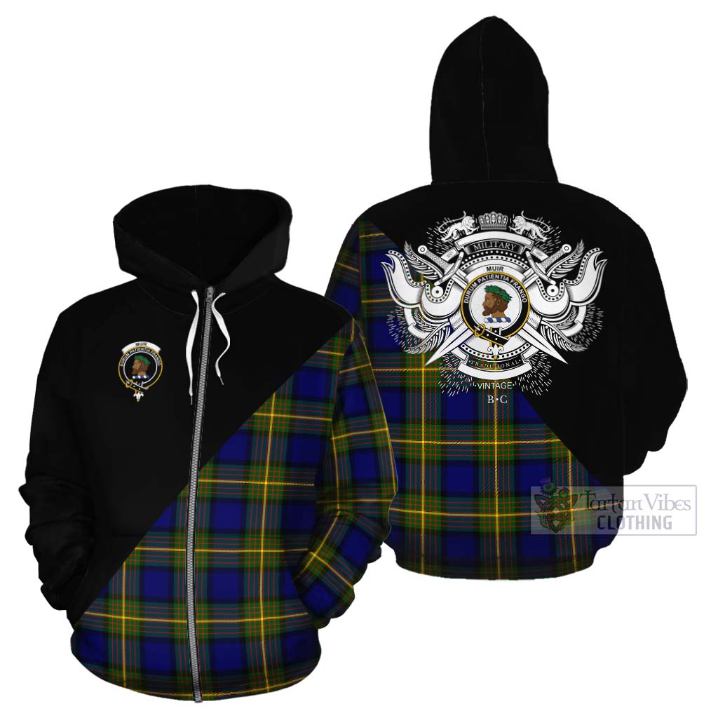 Tartan Vibes Clothing Muir Tartan Cotton Hoodie with Family Crest and Military Logo Style