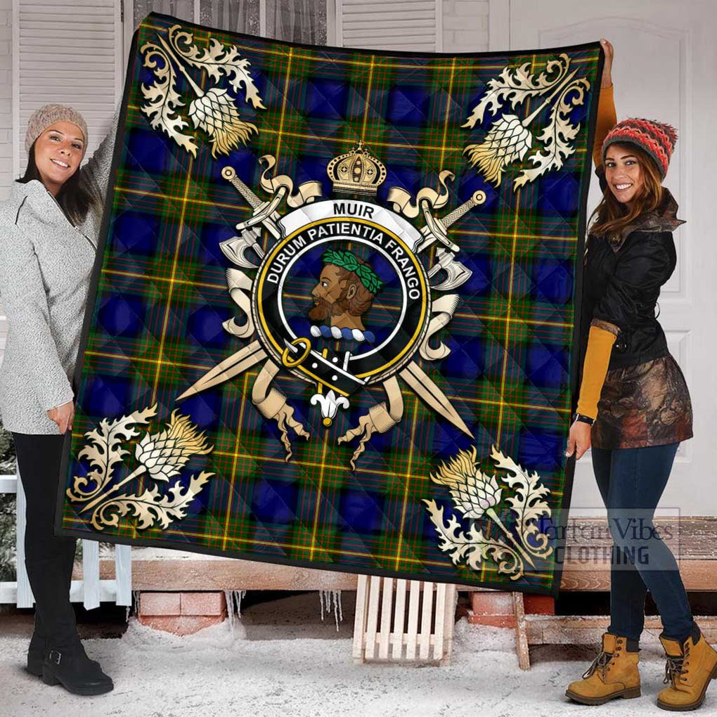 Tartan Vibes Clothing Muir Tartan Quilt with Family Crest and Scottish Golden Courage Shield