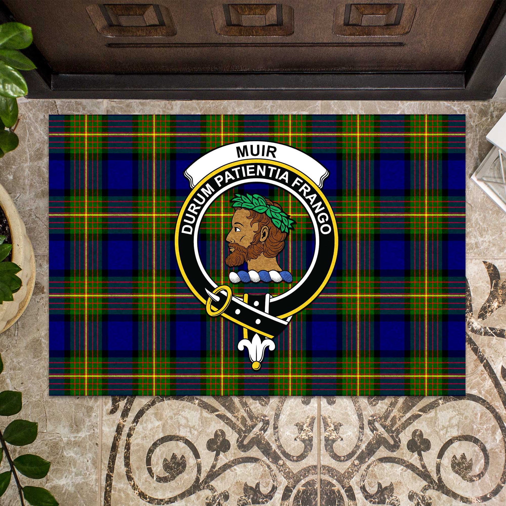 Muir Tartan Door Mat with Family Crest - Tartanvibesclothing