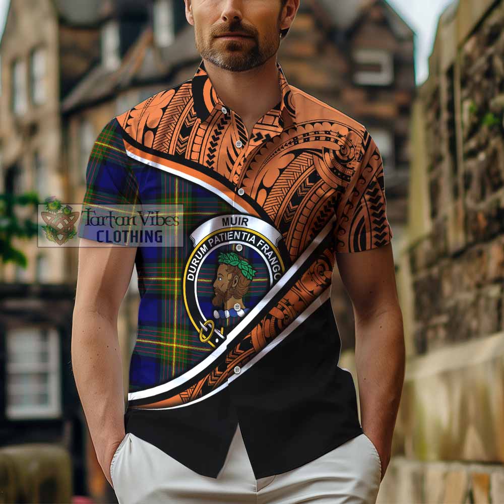 Tartan Vibes Clothing Muir Crest Tartan Short Sleeve Button Shirt with Maori Tattoo Style - Orange Version