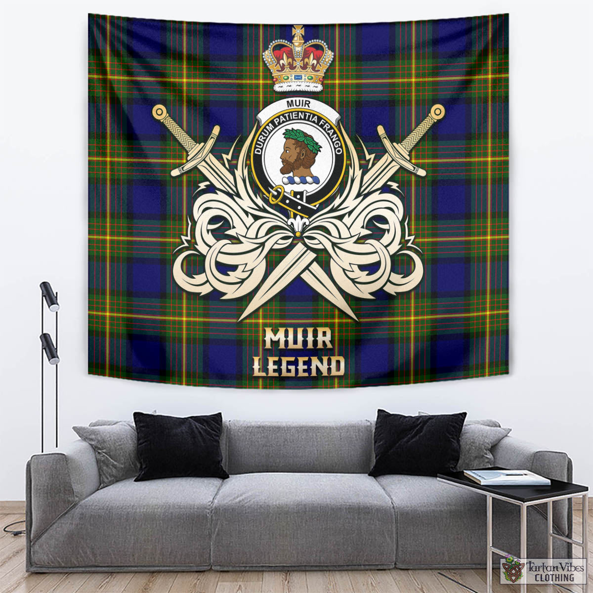 Tartan Vibes Clothing Muir Tartan Tapestry with Clan Crest and the Golden Sword of Courageous Legacy