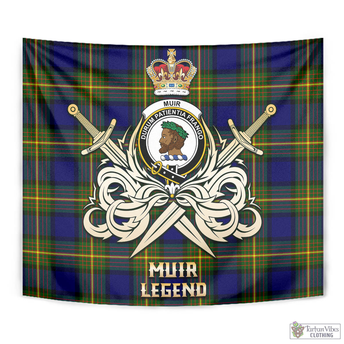 Tartan Vibes Clothing Muir Tartan Tapestry with Clan Crest and the Golden Sword of Courageous Legacy