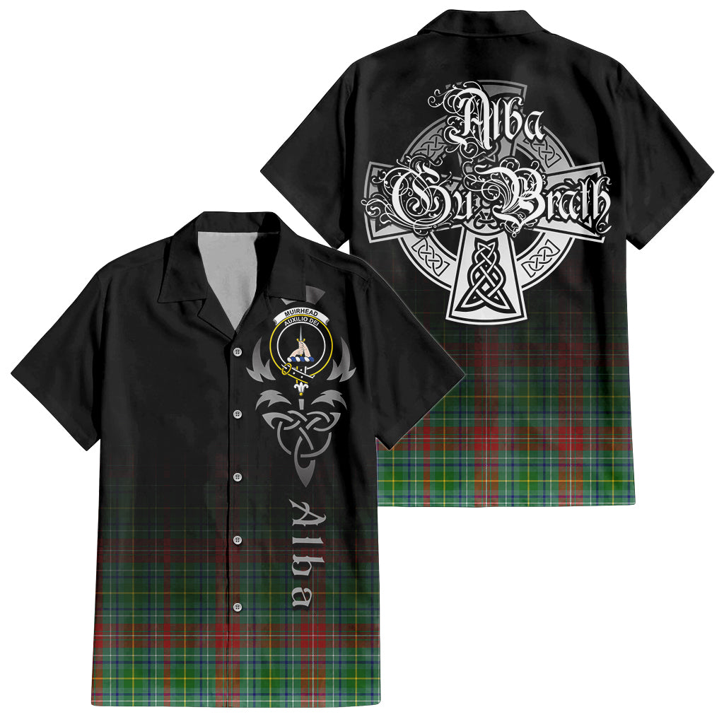 Tartan Vibes Clothing Muirhead Tartan Short Sleeve Button Up Featuring Alba Gu Brath Family Crest Celtic Inspired