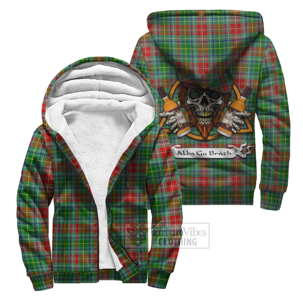 Tartan Vibes Clothing Muirhead Tartan Sherpa Hoodie with Family Crest and Bearded Skull Holding Bottles of Whiskey