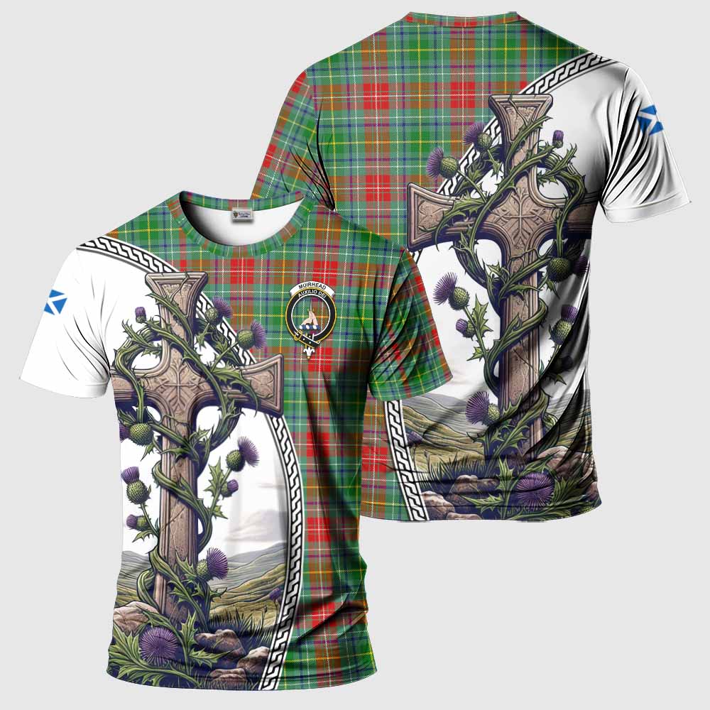 Tartan Vibes Clothing Muirhead Agnew Tartan T-Shirt with Family Crest and St. Andrew's Cross Accented by Thistle Vines