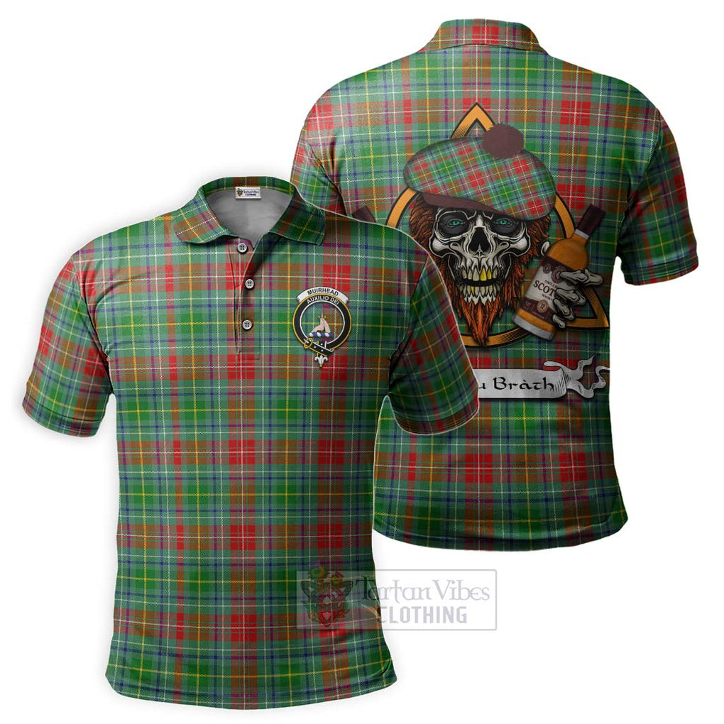 Tartan Vibes Clothing Muirhead Tartan Polo Shirt with Family Crest and Bearded Skull Holding Bottles of Whiskey