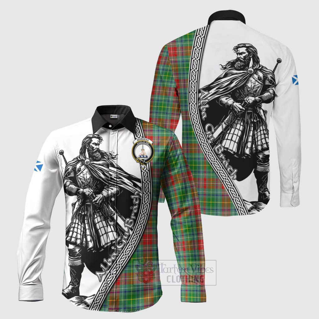 Tartan Vibes Clothing Muirhead Tartan Clan Crest Long Sleeve Button Shirt with Highlander Warrior Celtic Style