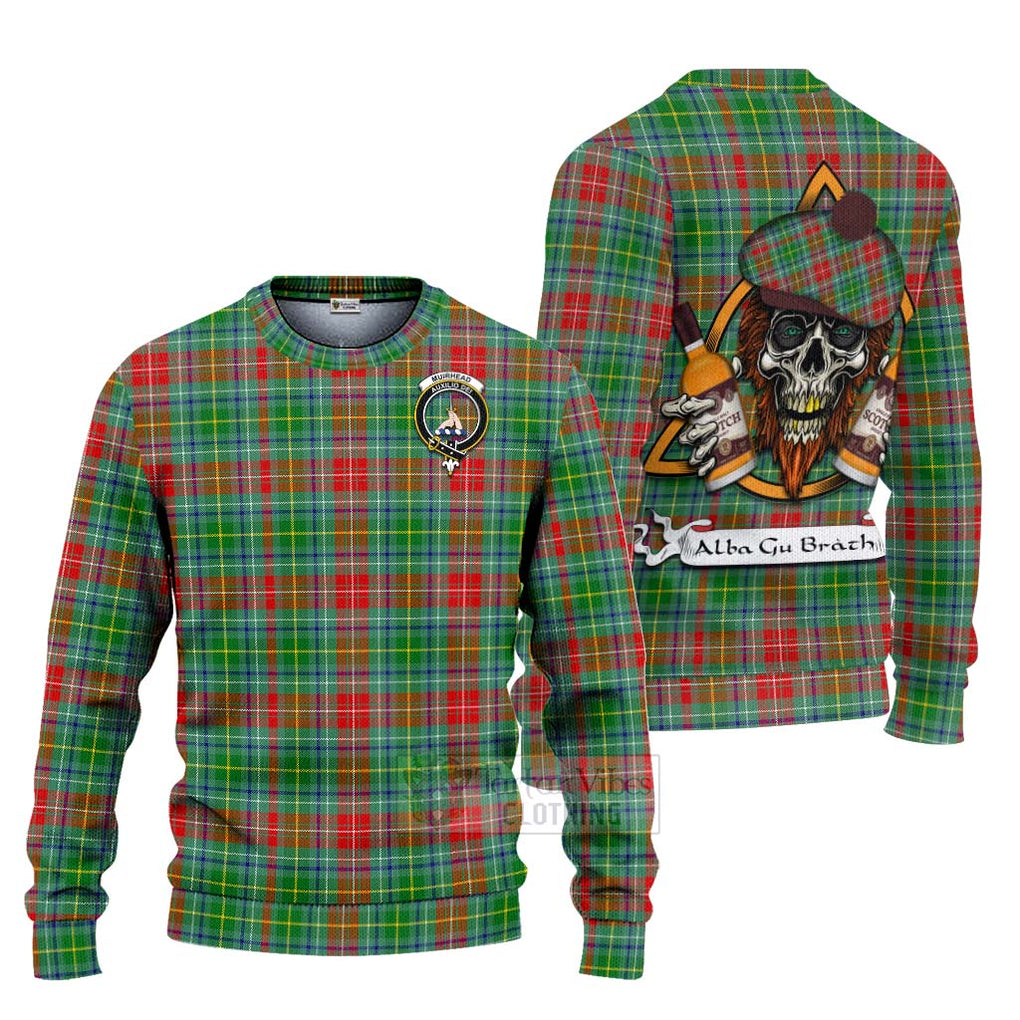 Tartan Vibes Clothing Muirhead Tartan Knitted Sweater with Family Crest and Bearded Skull Holding Bottles of Whiskey