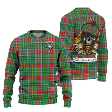 Muirhead Tartan Ugly Sweater with Family Crest and Bearded Skull Holding Bottles of Whiskey