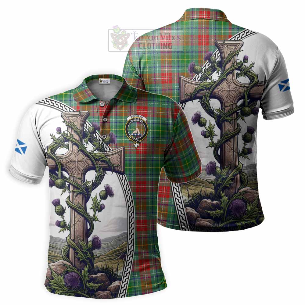 Tartan Vibes Clothing Muirhead Tartan Polo Shirt with Family Crest and St. Andrew's Cross Accented by Thistle Vines