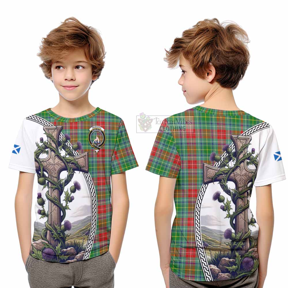 Tartan Vibes Clothing Muirhead Tartan Kid T-Shirt with Family Crest and St. Andrew's Cross Accented by Thistle Vines