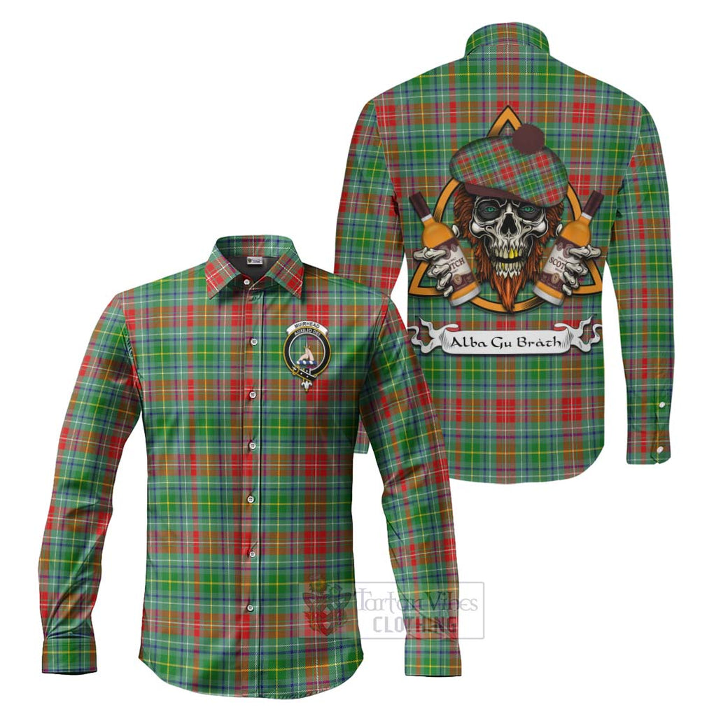 Tartan Vibes Clothing Muirhead Tartan Long Sleeve Button Shirt with Family Crest and Bearded Skull Holding Bottles of Whiskey