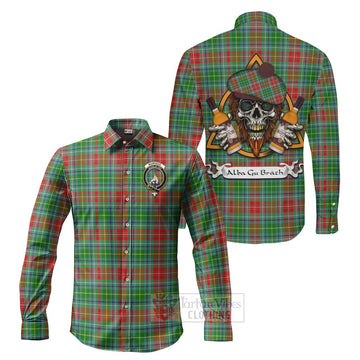 Muirhead Tartan Long Sleeve Button Shirt with Family Crest and Bearded Skull Holding Bottles of Whiskey