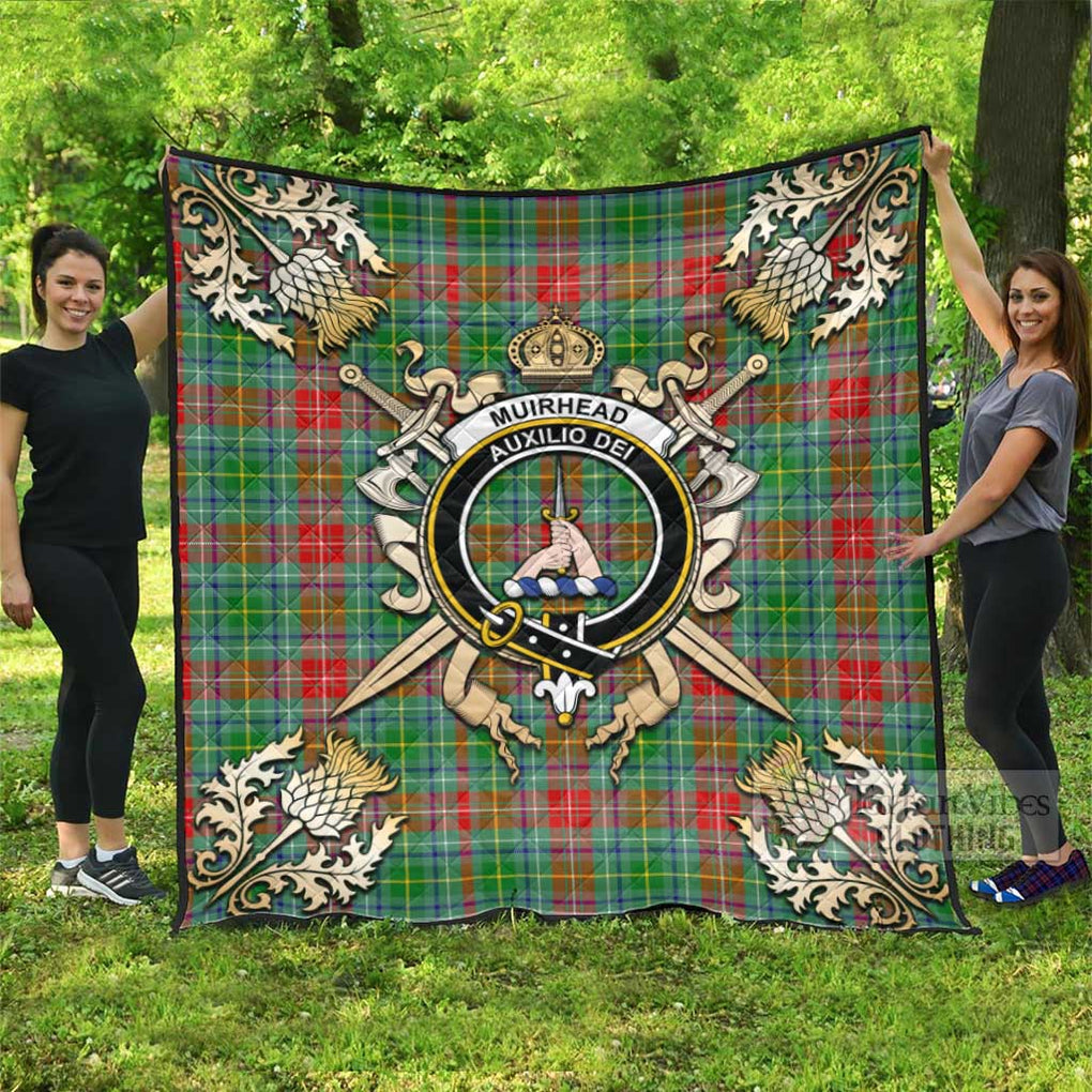 Tartan Vibes Clothing Muirhead Tartan Quilt with Family Crest and Scottish Golden Courage Shield