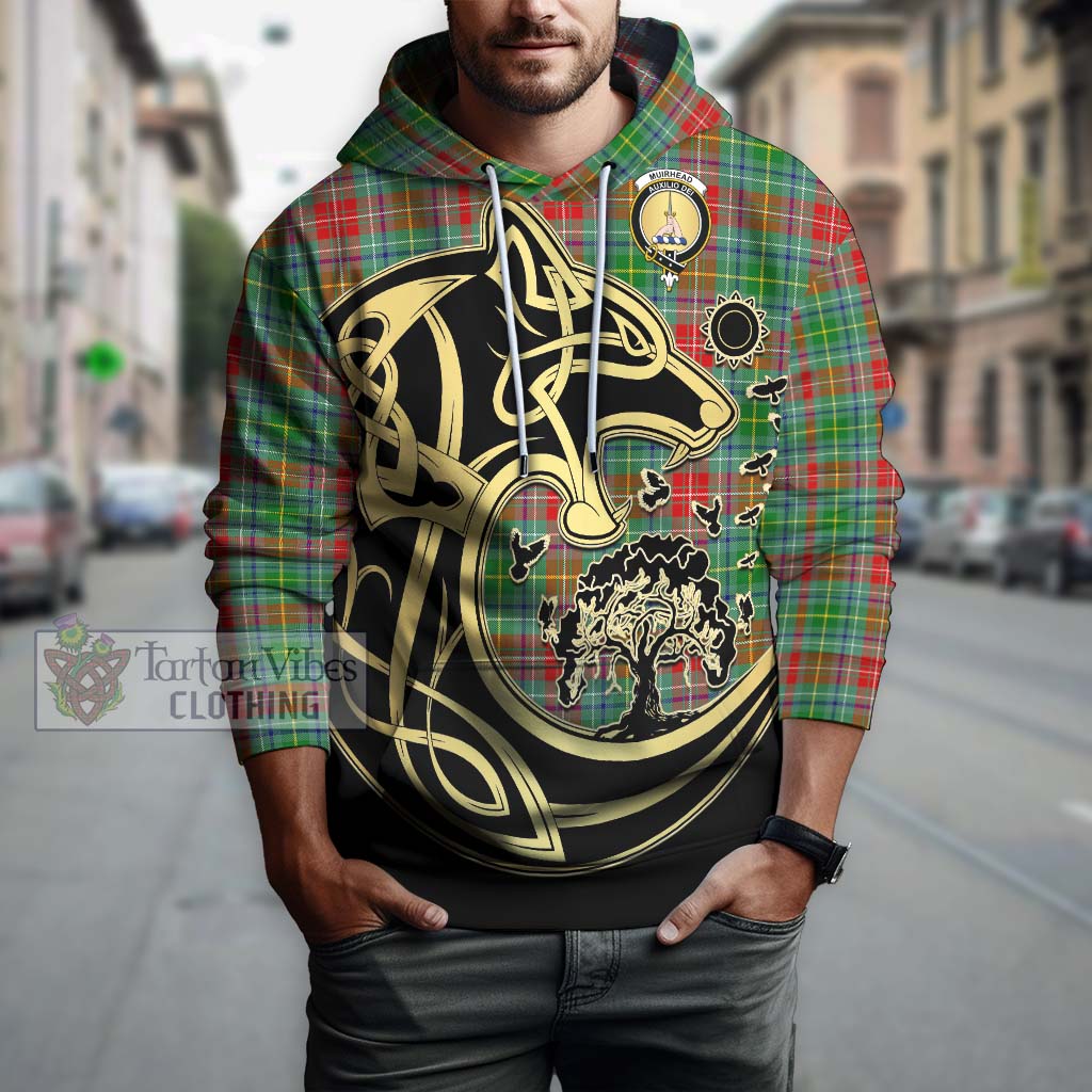 Tartan Vibes Clothing Muirhead Tartan Hoodie with Family Crest Celtic Wolf Style
