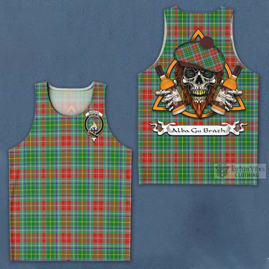 Tartan Vibes Clothing Muirhead Tartan Men's Tank Top with Family Crest and Bearded Skull Holding Bottles of Whiskey