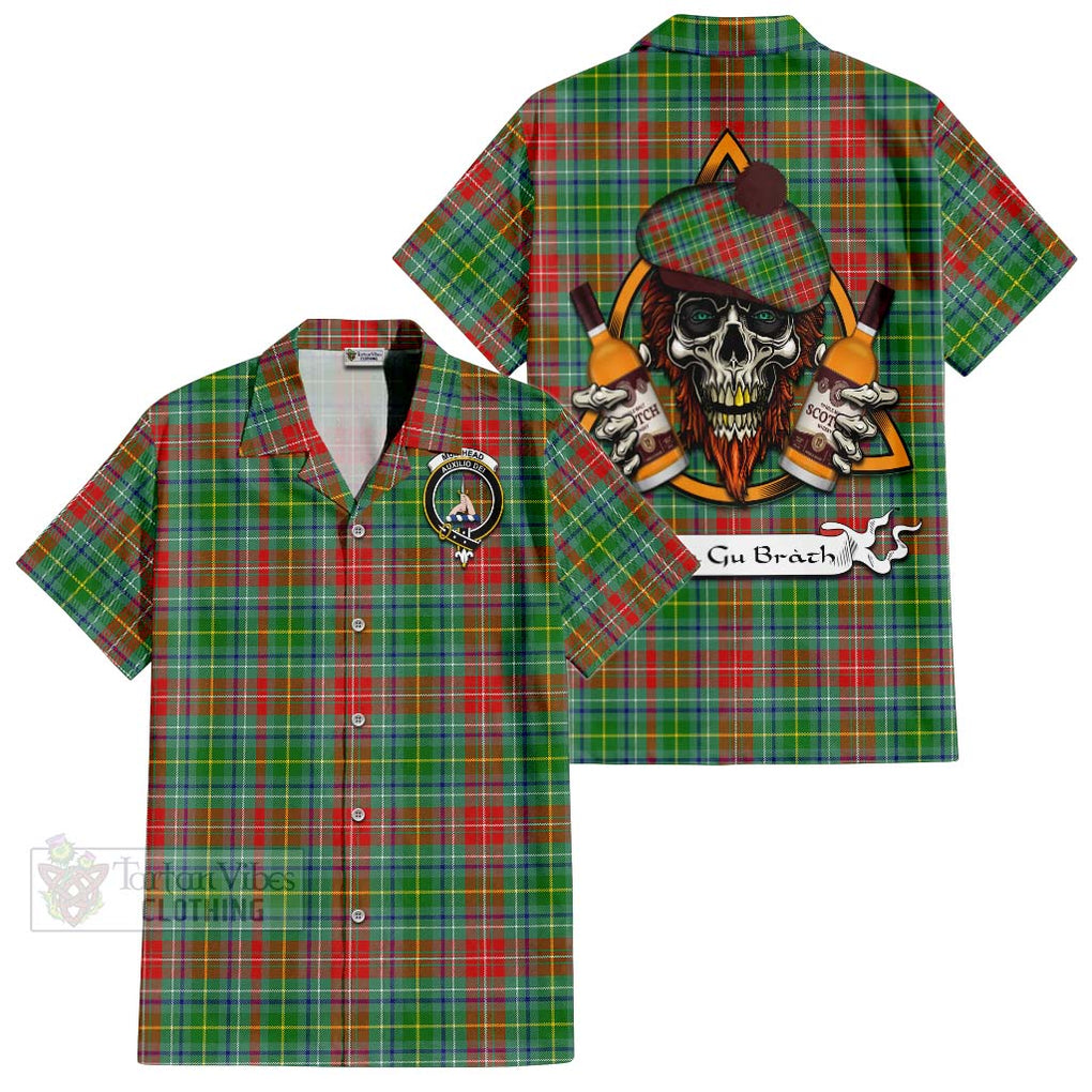 Tartan Vibes Clothing Muirhead Tartan Short Sleeve Button Shirt with Family Crest and Bearded Skull Holding Bottles of Whiskey