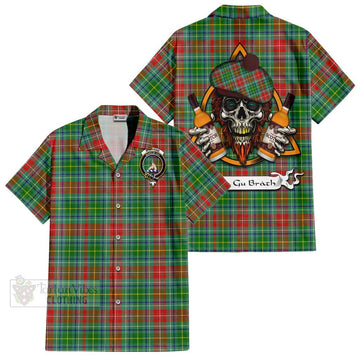 Muirhead Tartan Short Sleeve Button Shirt with Family Crest and Bearded Skull Holding Bottles of Whiskey