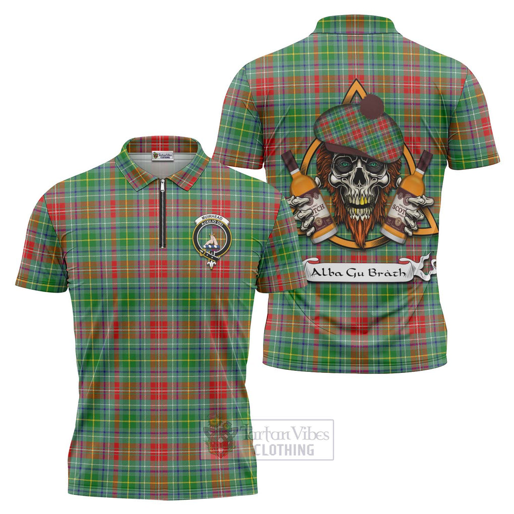 Tartan Vibes Clothing Muirhead Tartan Zipper Polo Shirt with Family Crest and Bearded Skull Holding Bottles of Whiskey