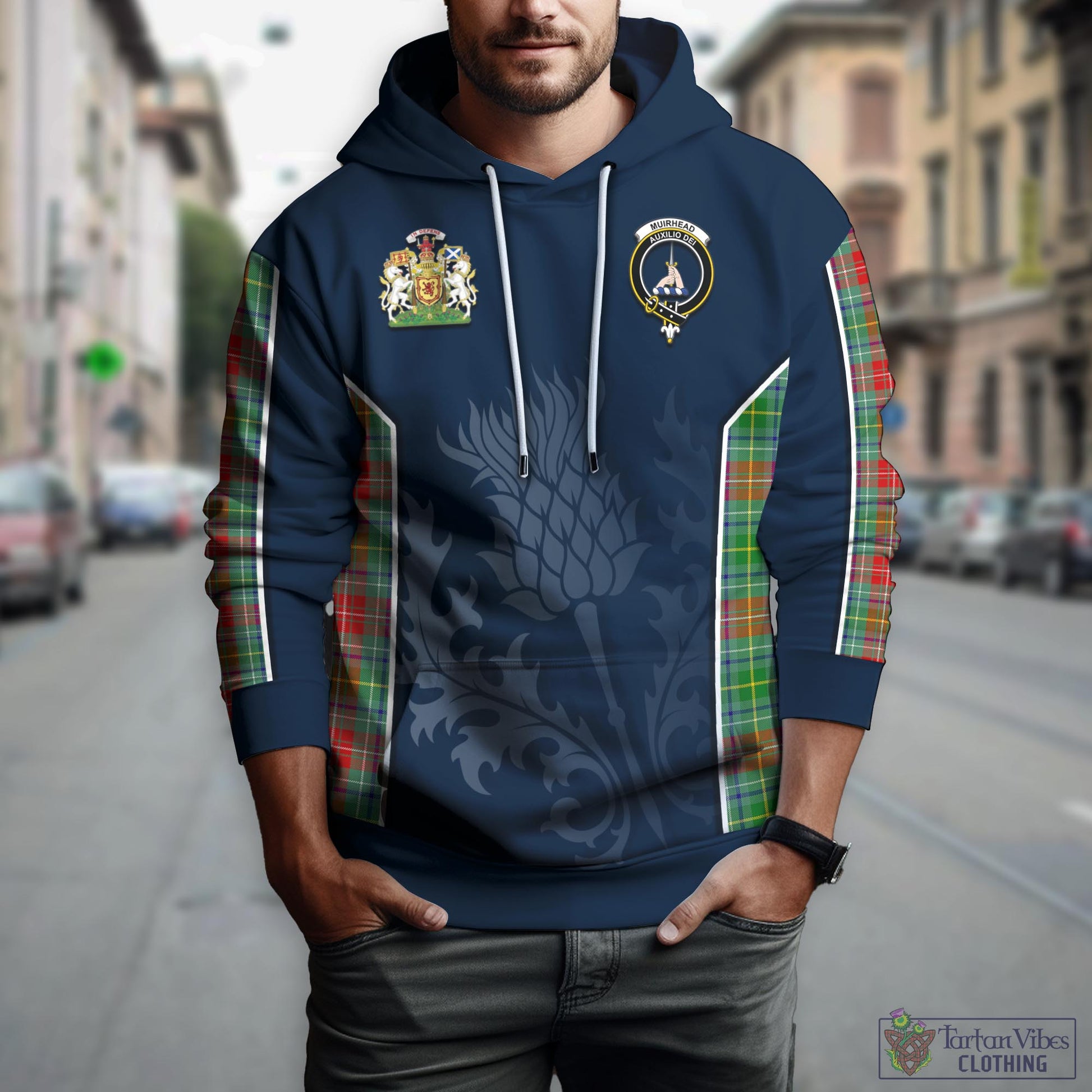 Tartan Vibes Clothing Muirhead Tartan Hoodie with Family Crest and Scottish Thistle Vibes Sport Style