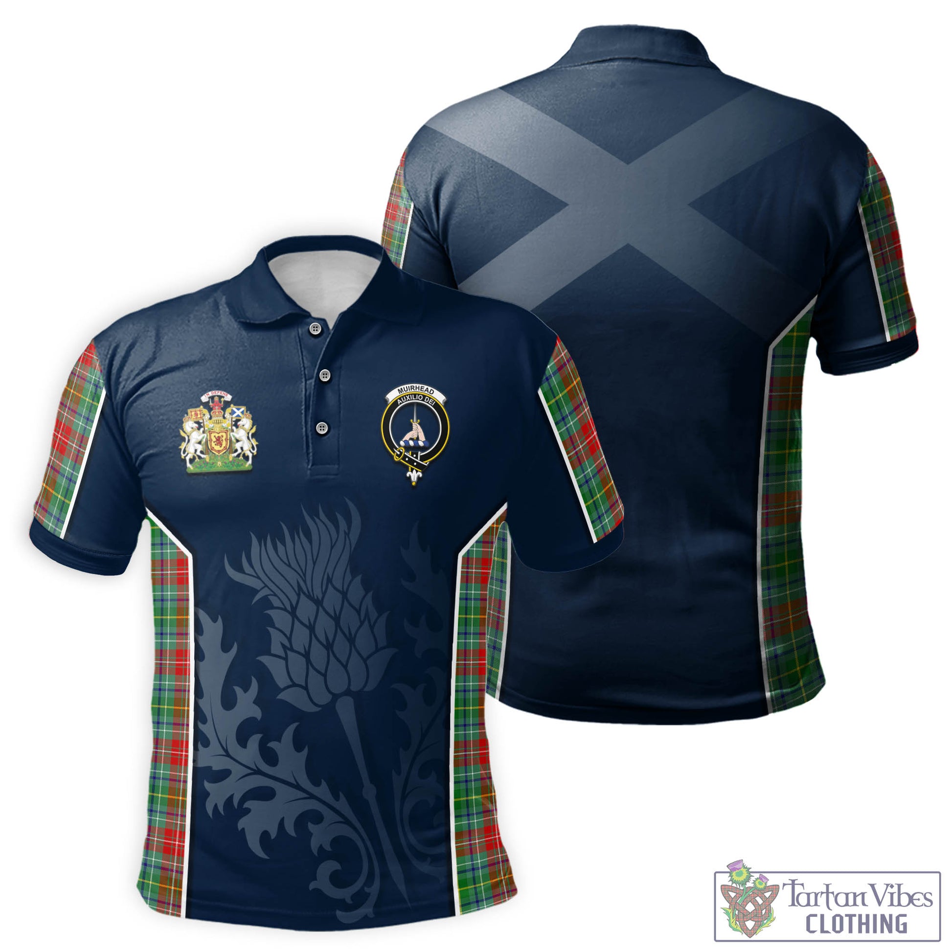 Tartan Vibes Clothing Muirhead Tartan Men's Polo Shirt with Family Crest and Scottish Thistle Vibes Sport Style
