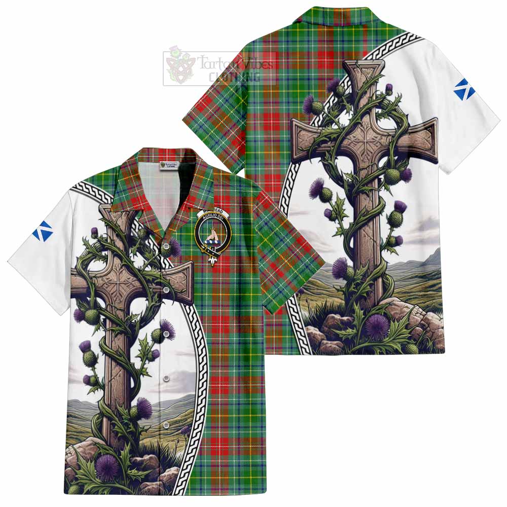 Tartan Vibes Clothing Muirhead Tartan Short Sleeve Button Shirt with Family Crest and St. Andrew's Cross Accented by Thistle Vines