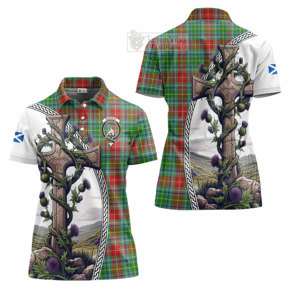 Tartan Vibes Clothing Muirhead Tartan Women's Polo Shirt with Family Crest and St. Andrew's Cross Accented by Thistle Vines