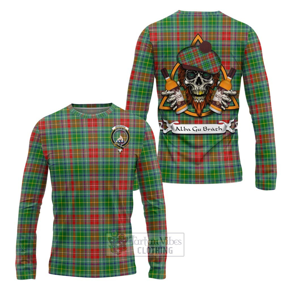 Tartan Vibes Clothing Muirhead Tartan Long Sleeve T-Shirt with Family Crest and Bearded Skull Holding Bottles of Whiskey