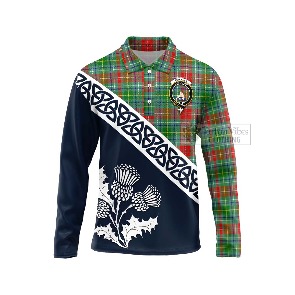 Tartan Vibes Clothing Muirhead Tartan Long Sleeve Polo Shirt Featuring Thistle and Scotland Map