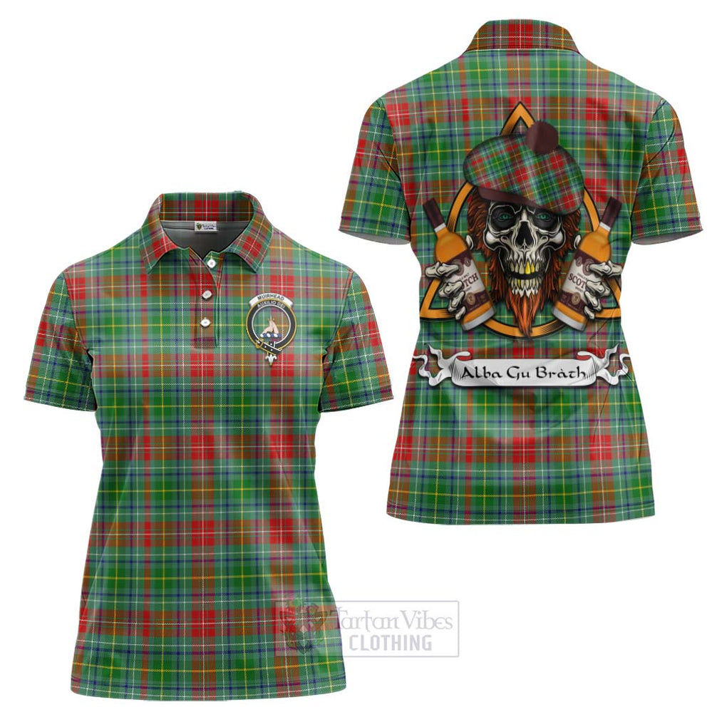 Tartan Vibes Clothing Muirhead Tartan Women's Polo Shirt with Family Crest and Bearded Skull Holding Bottles of Whiskey