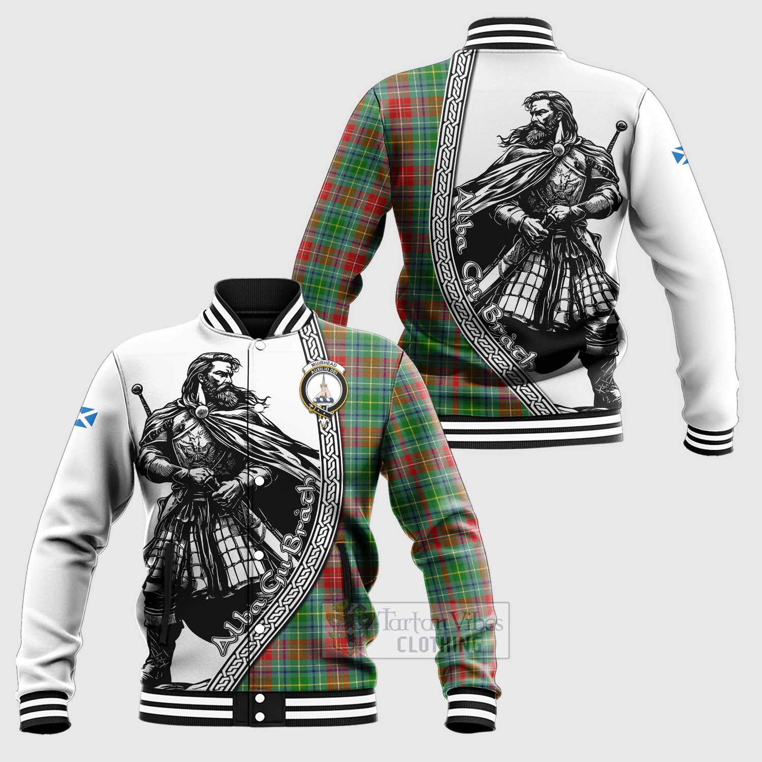 Tartan Vibes Clothing Muirhead Tartan Clan Crest Baseball Jacket with Highlander Warrior Celtic Style