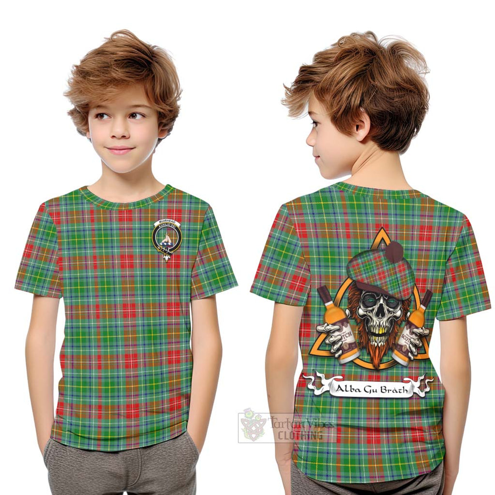 Tartan Vibes Clothing Muirhead Tartan Kid T-Shirt with Family Crest and Bearded Skull Holding Bottles of Whiskey