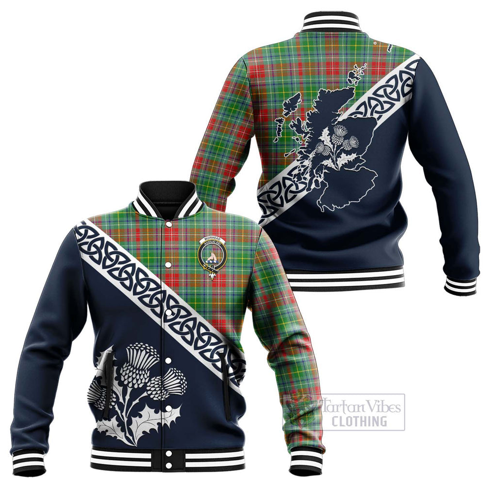 Tartan Vibes Clothing Muirhead Tartan Baseball Jacket Featuring Thistle and Scotland Map