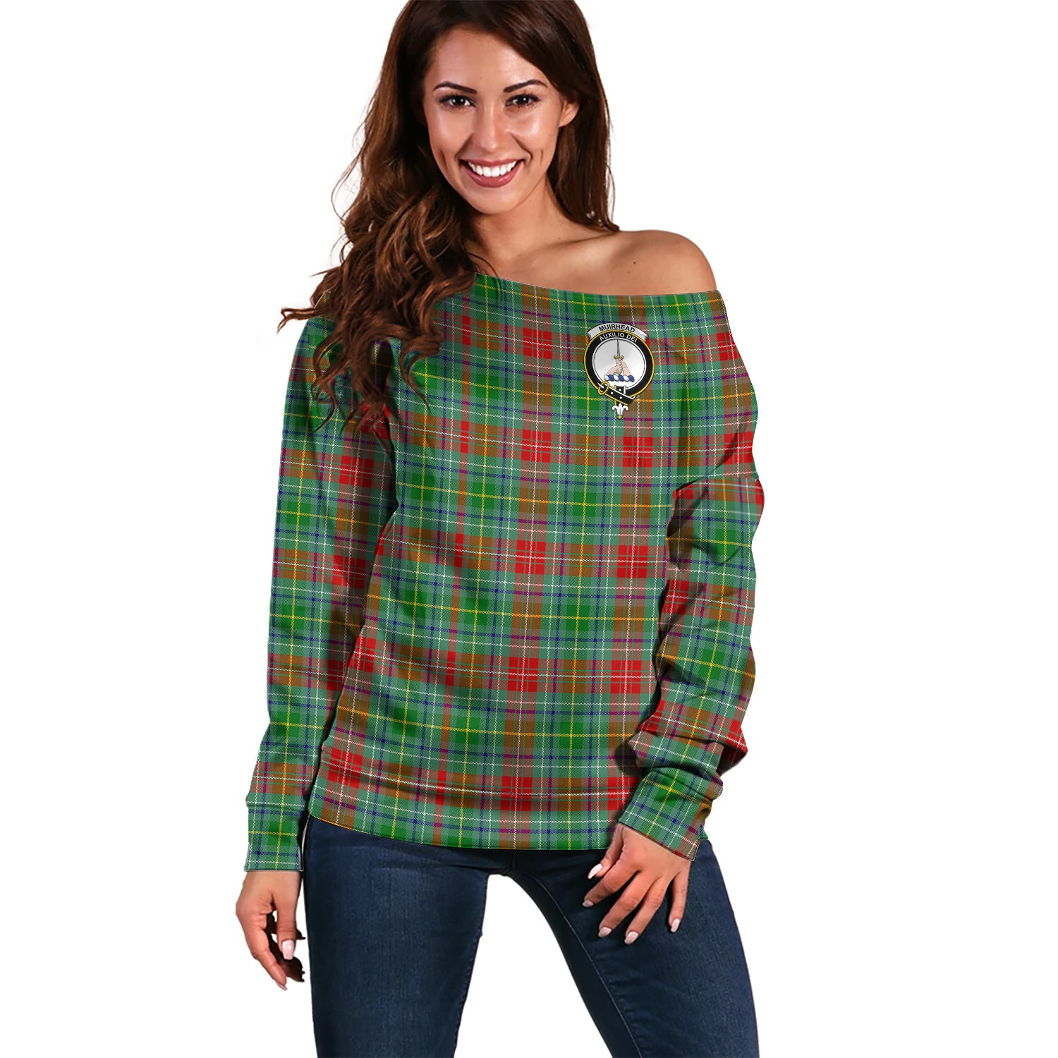 Muirhead Tartan Off Shoulder Women Sweater with Family Crest Women - Tartanvibesclothing