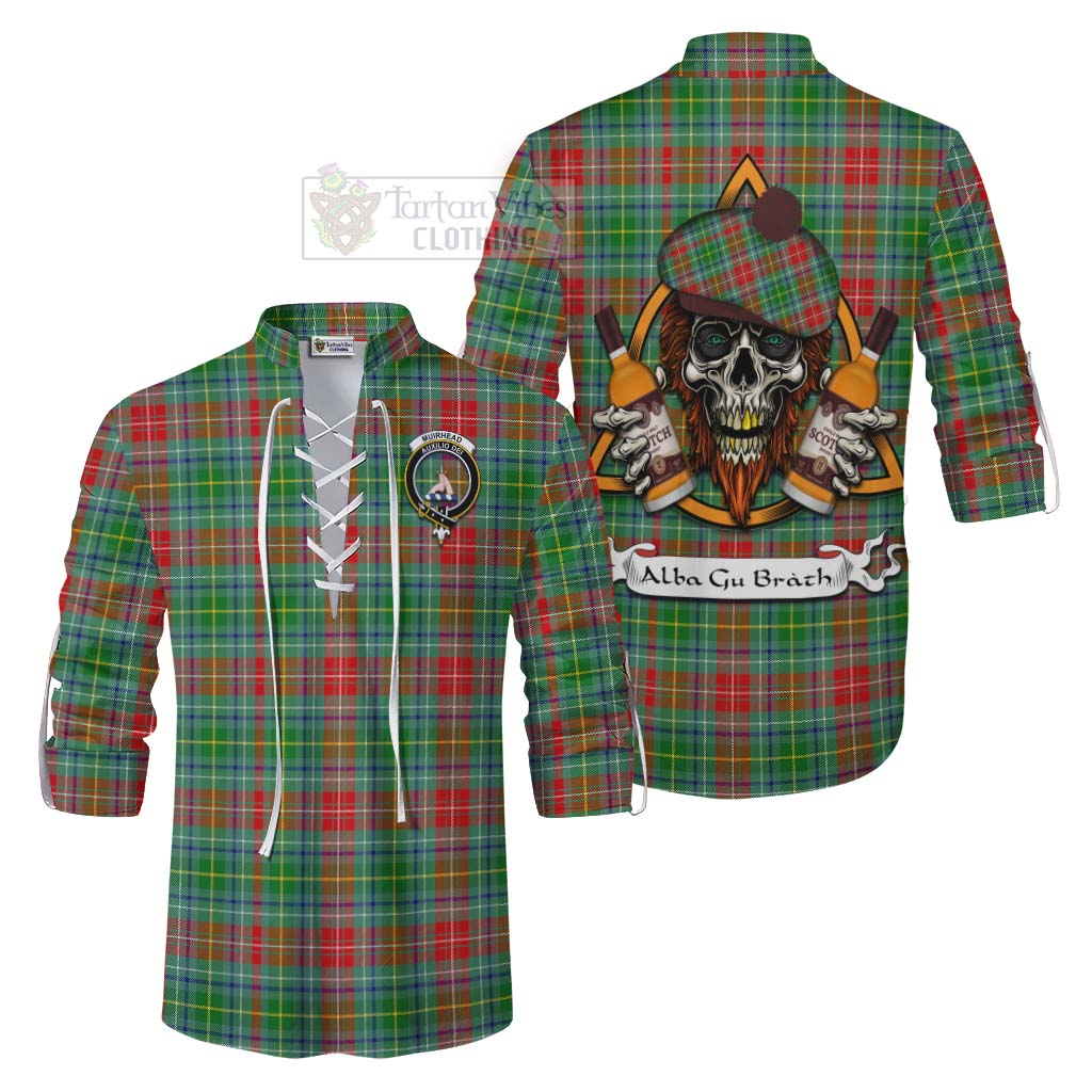 Tartan Vibes Clothing Muirhead Tartan Ghillie Kilt Shirt with Family Crest and Bearded Skull Holding Bottles of Whiskey